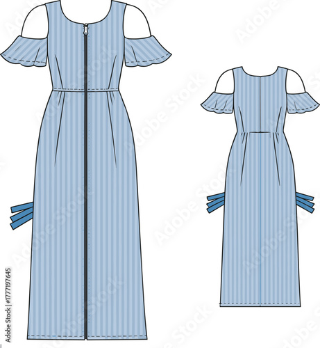 Cold shoulder dress, fashion illustration, striped maxi dress, ruffle sleeve, front back view, zipper closure, bow detail, technical drawin
