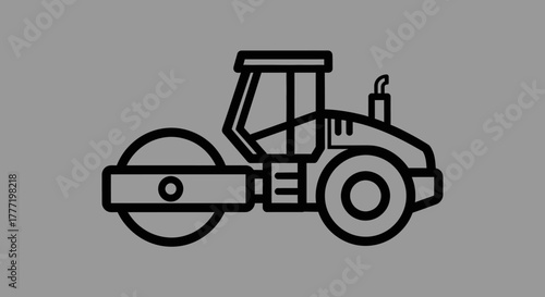 Black and white illustration of a road roller, a construction vehicle used for compacting materials.
