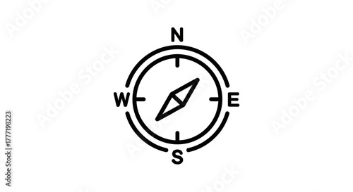 Simple black line art icon of a compass with cardinal directions for navigation, isolated on a white background.