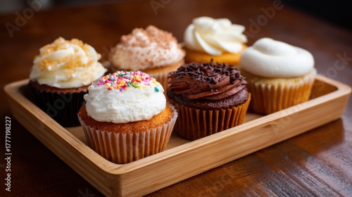 Colorful cupcakes with frosting and toppings sit invitingly on a wooden tray in a warm setting.