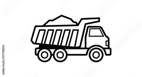 Black and white outline icon of a dump truck carrying a load of sand or dirt, representing construction and heavy transport.