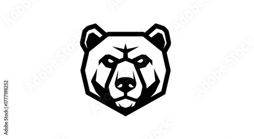 Black and white illustration of a bear's head, showcasing a bold, geometric design with sharp lines and a stern expression.