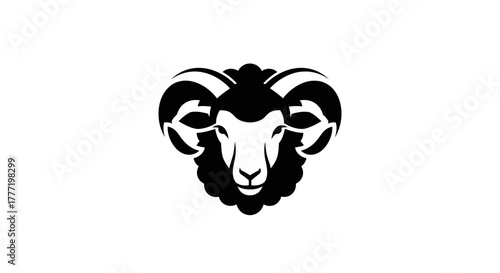 A striking black and white graphic illustration of a ram's head with prominent curved horns.