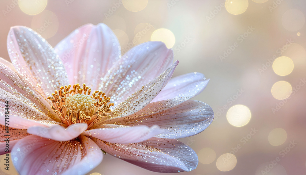 Fototapeta premium Elegant pink flower with shimmering glitter and bokeh lights creates a stunning, romantic atmosphere perfect for design projects