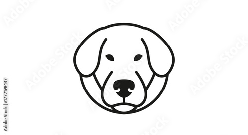 A simple black and white line art icon of a friendly dog's face enclosed in a circle.