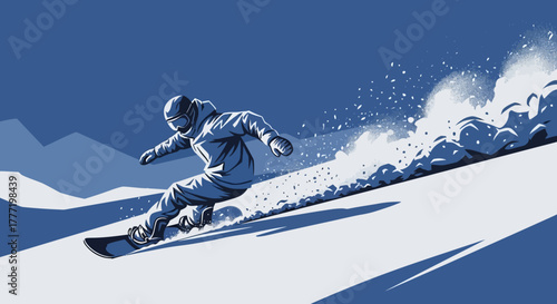 A person snowboarding down a snowy slope, creating a trail of snow in a dynamic action shot.