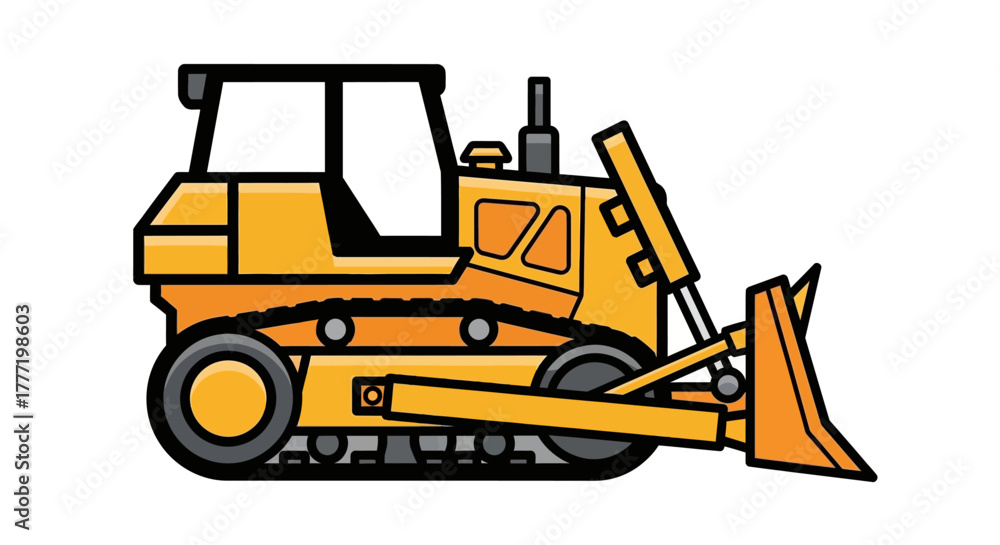 Naklejka premium Side profile illustration of a yellow bulldozer, a heavy construction vehicle, on a white background.