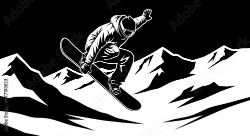 A black and white graphic illustration of a snowboarder jumping over snowy mountains.
