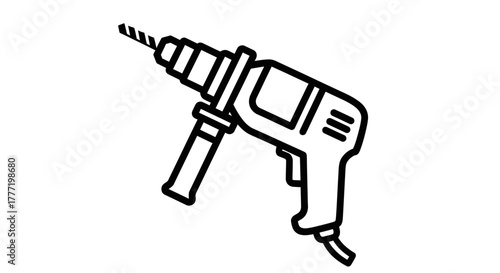 A black and white line art illustration of a powerful electric hammer drill tool.