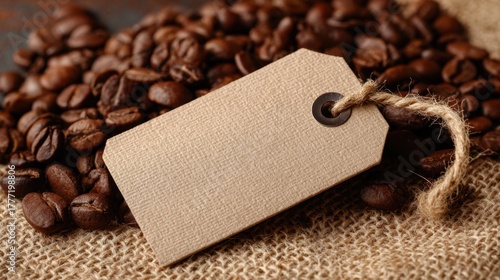 Aromatic coffee beans surround a blank tag waiting for a unique label or branding touch.