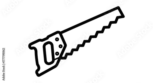 Black and white line drawing of a hand saw with a wooden handle and jagged blade.