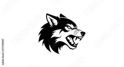 Black and white illustration of a wolf's head with an aggressive expression, showing its teeth.