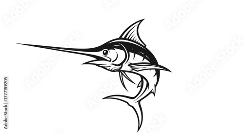 A detailed black and white illustration of a marlin fish with its distinctive bill and fins prominently displayed.