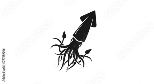 Stylized black silhouette of a squid or kraken holding three spears, depicted on a clean white background.