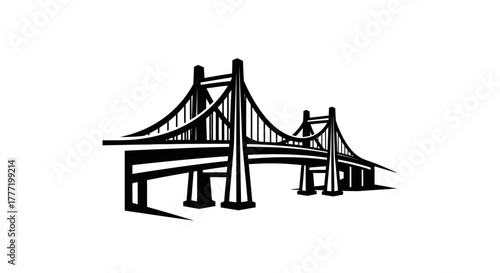 Black and white illustration of a suspension bridge with two towers and cables.