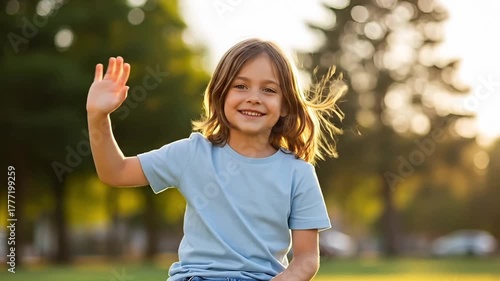 Young child smiling and waving hand in park during sunset  