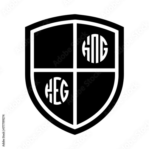 Flat illustration of a black shield divided into four quadra