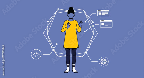 Woman developer coding website design and development illustration