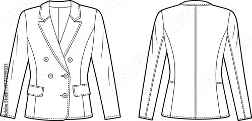 Double breasted blazer front view, back view, notched lapel collar, flap pockets, welt pocket, fashion flat sketch, apparel CAD drawing, vector illustration, garment design, clothing template