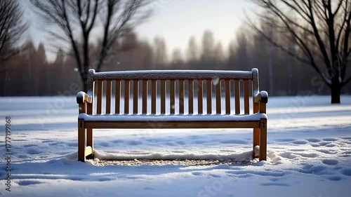 Snow-covered wooden bench in winter park with trees and sunlight  