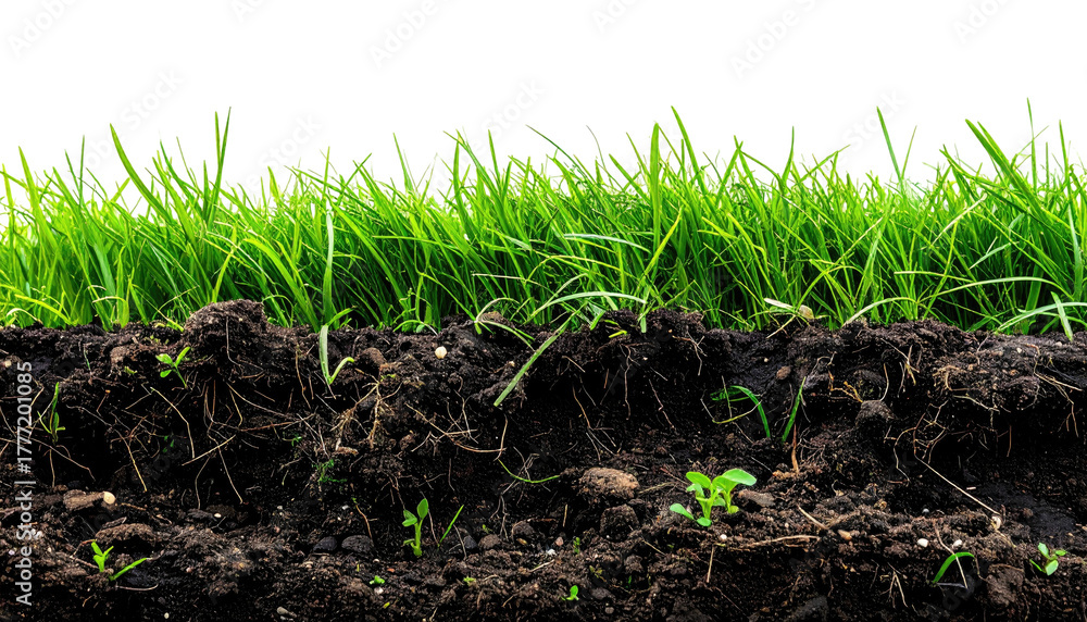 Obraz premium Soil and grass cross-section, showcasing roots