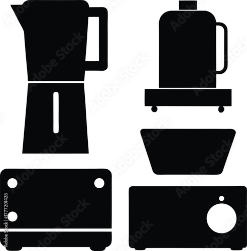 A collection of modern kitchen appliance silhouette vector icons featuring a blender and food processor