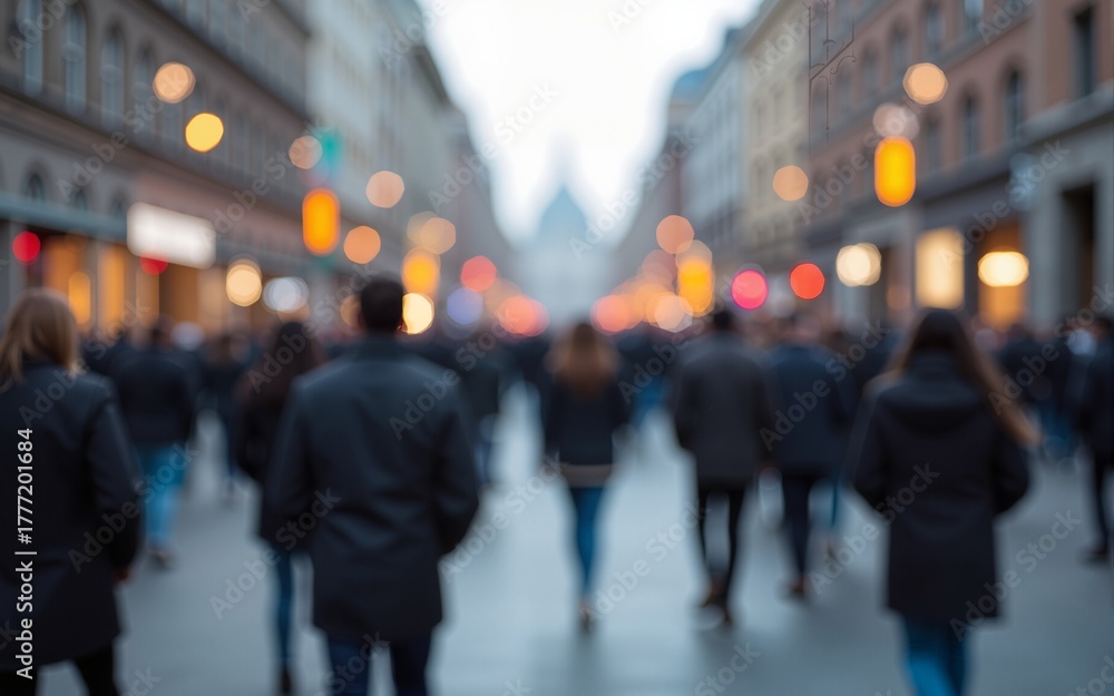 Fototapeta premium Panoramic view. Blurred abstract image of a crowd of anonymous people walking on busy city street. High quality