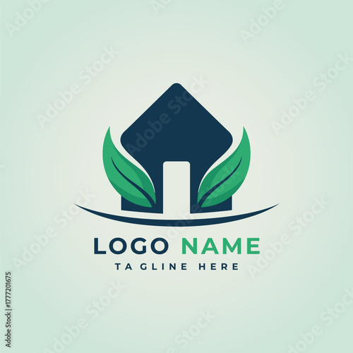 Eco Friendly Home Logo Design with Green Leaves and Minimalist Style Perfect for Real Estate and Construction Companies Branding
