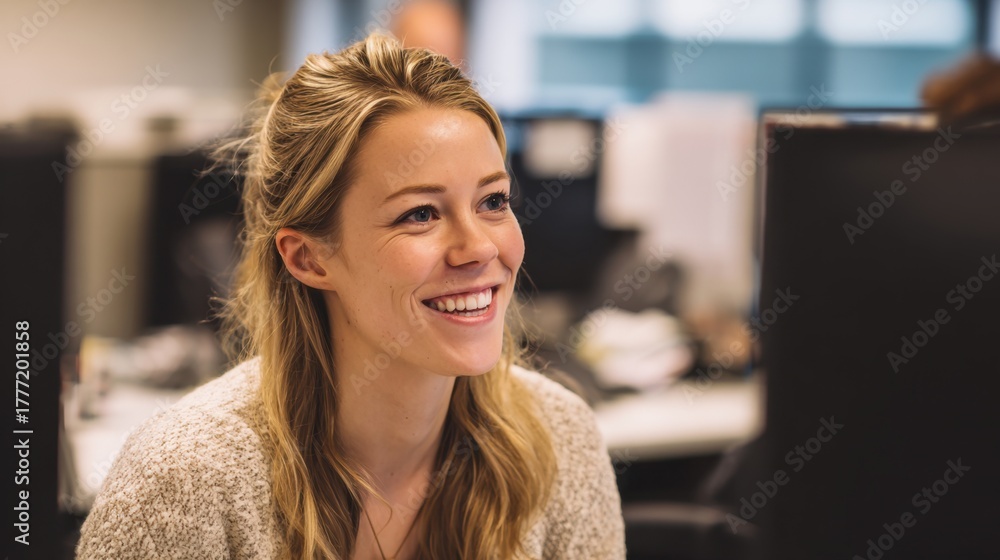Fototapeta premium A young woman is smiling joyfully while engaging with colleagues in a lively office setting.