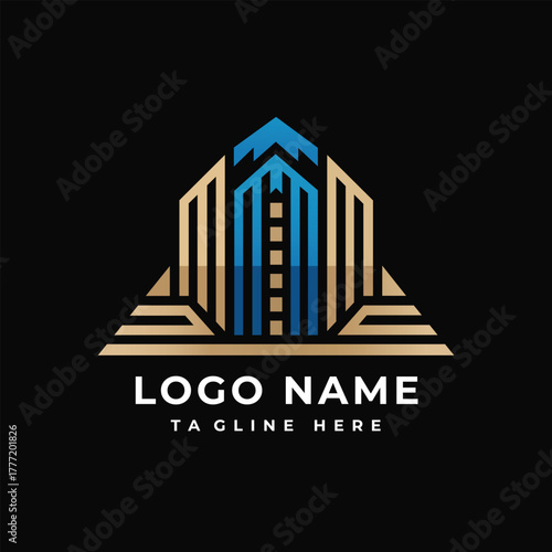 Elegant Geometric Logo Design Featuring Abstract Buildings with Blue Arrow and Gold Accents on Black Background Professional Branding