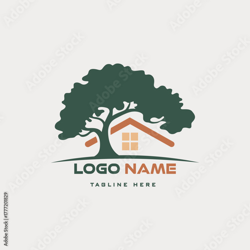 Eco Friendly Real Estate Logo Design with Tree and House Silhouette Representation Business Branding Concept Vector Graphic Illustration