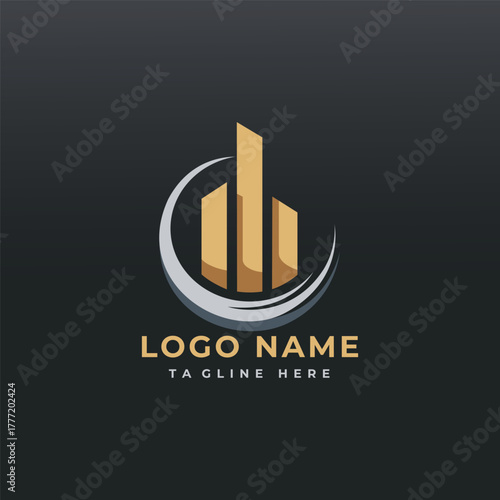 Modern Real Estate Logo Design with Gold Buildings and Circular Element for Branding and Corporate Identity