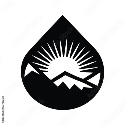 Black and white water drop icon with a mountain sunrise landscape silhouette vector design