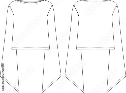 round boat neck long bell kimono sleeve slouchy loose knitted sweater knitwear blouse top template technical drawing flat sketch cad mockup fashion woman design style model 
