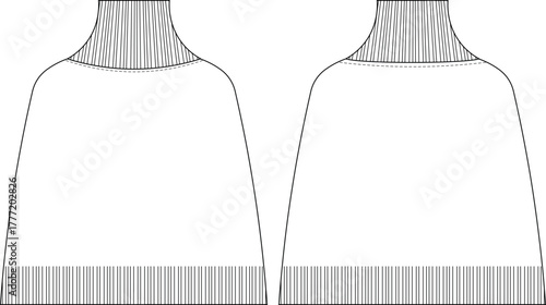 ribbed turtleneck high neck hem sleeveless knitted pancho sweater knitwear template technical drawing flat sketch cad mockup fashion woman design style model 
