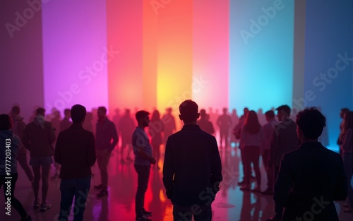 A large group of people in colorful light, reflected on a surface. High quality