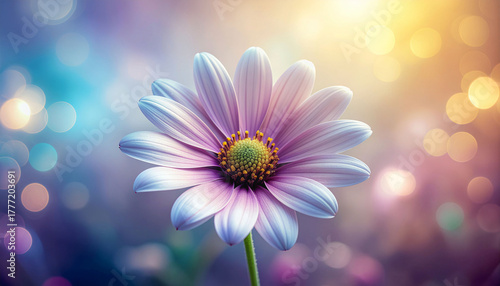Stunning close-up of a delicate purple daisy blooming with soft pastel bokeh lights creating a dreamy, magical atmosphere for nature and beauty projects
