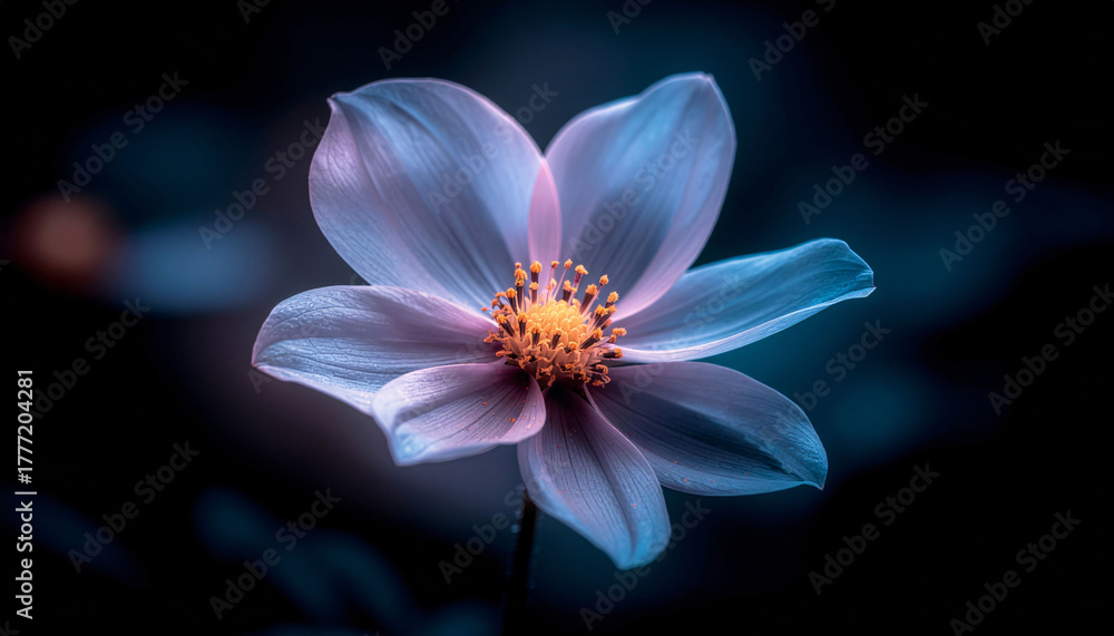 Fototapeta premium Glowing flower background with neon petals, futuristic botanical art, dark contrast backdrop.