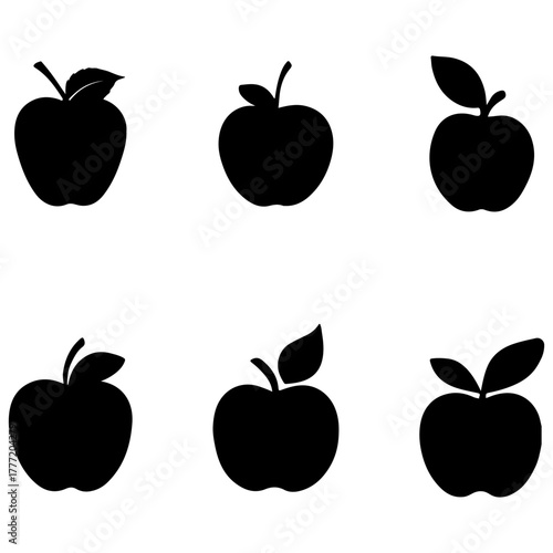 Apple with leaves silhouette vector, Set of apple fruits collection vector art, black apples isolated on white background