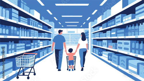 Geometric Family Shopping at the Supermarket Illustrator Artwork Banner Background Design Template 