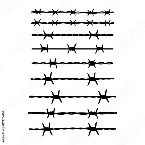 Barbed wire silhouette vector, Set of barbed wire collection vector art, black barbed wire isolated on white background