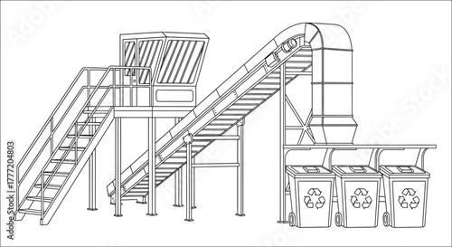 Blueprint of an industrial conveyor belt system with stairs and bins
