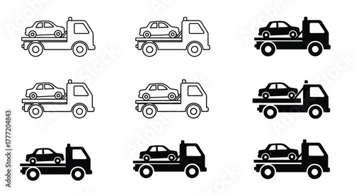 Nine black and white illustrations of tow trucks transporting vehicles