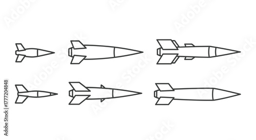 Simple black and white illustration of various missile or rocket designs