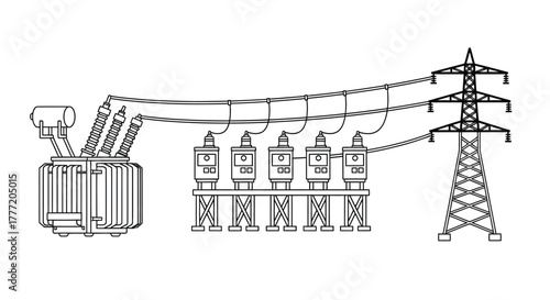 Electrical substation with transformers power lines and transmission tower sketch