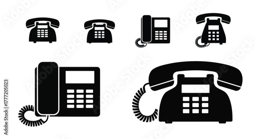 Collection of black silhouette vintage and modern telephone icons displayed