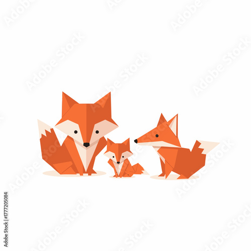 A charming origami fox family with parents and a small cub.