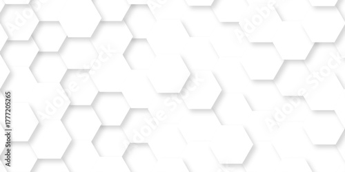White minimal hexagons grid science geometrical Abstract hexagon polygonal pattern background vector. seamless bright white abstract honeycomb background.	
