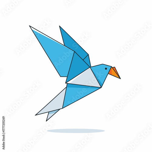 Geometric origami bird in flight with blue and white paper.
