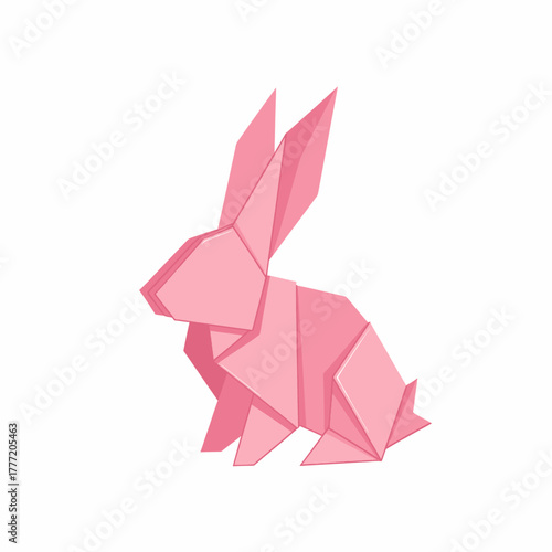 Pink origami rabbit papercraft animal illustration isolated on white.
